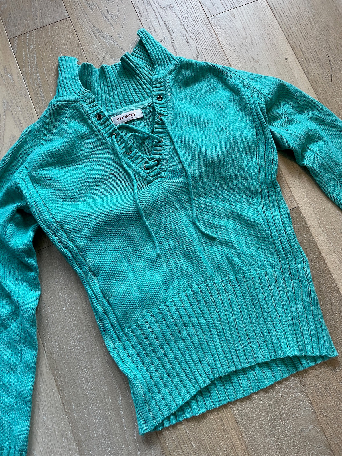 Teal Lace-Up Knit Sweater