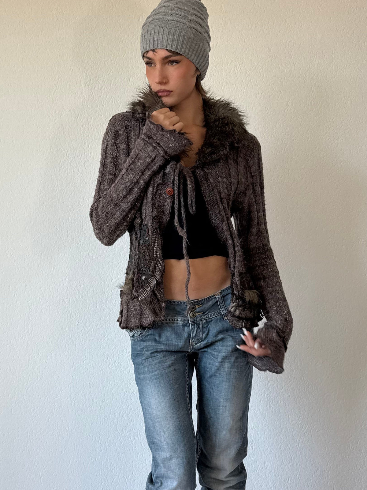 Fur Collar Knit Cardigan