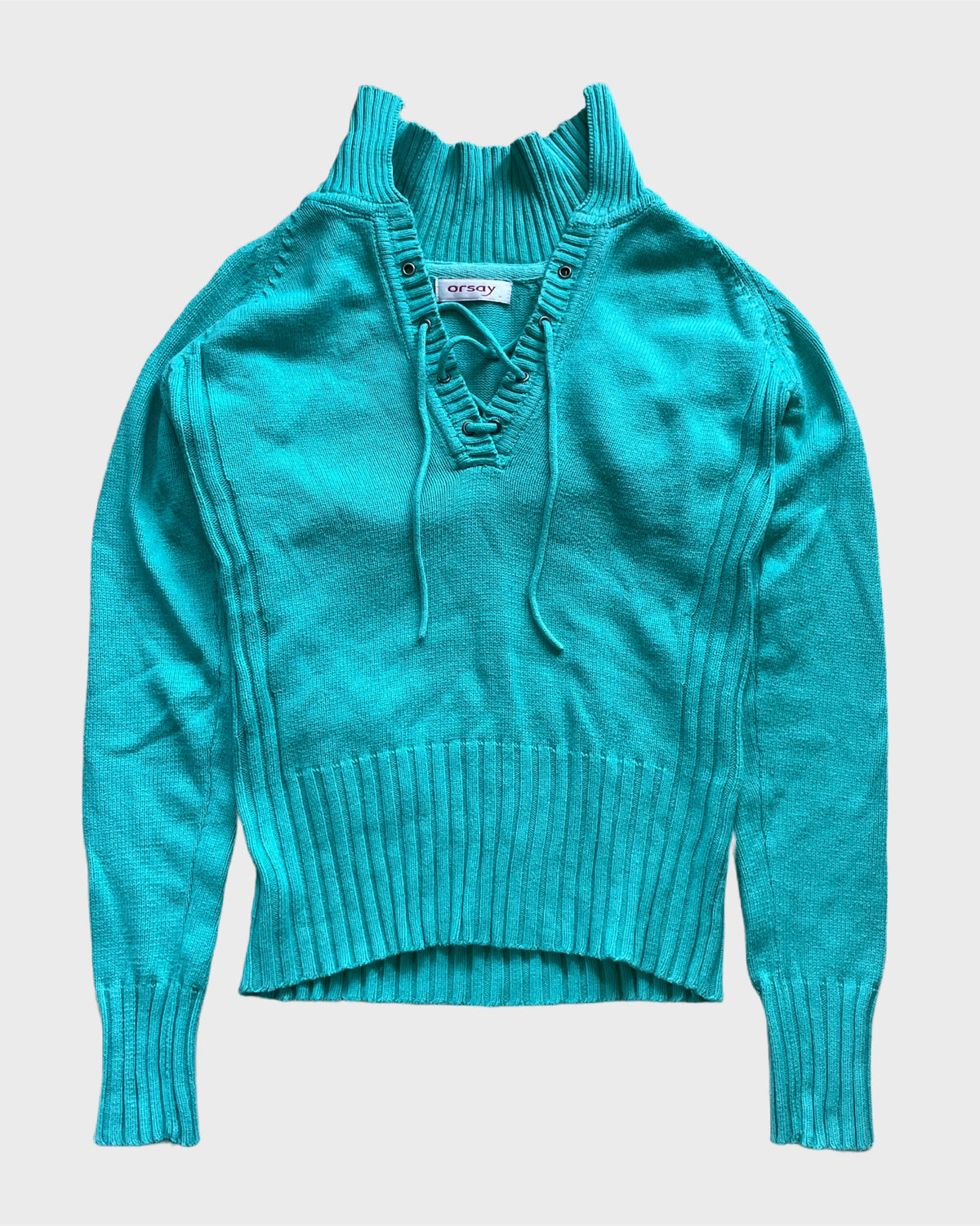 Teal Lace-Up Knit Sweater