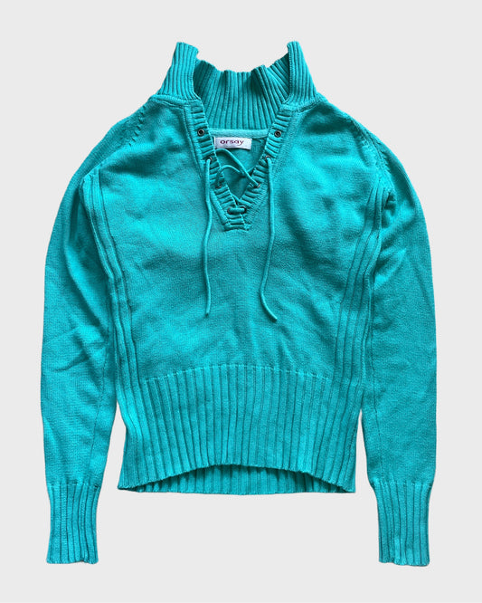 Teal Lace-Up Knit Sweater