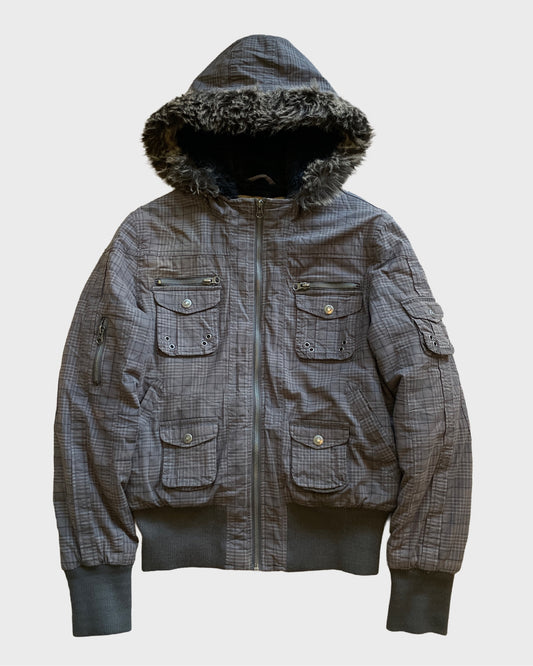 Vintage Military Plaid Fur Jacket