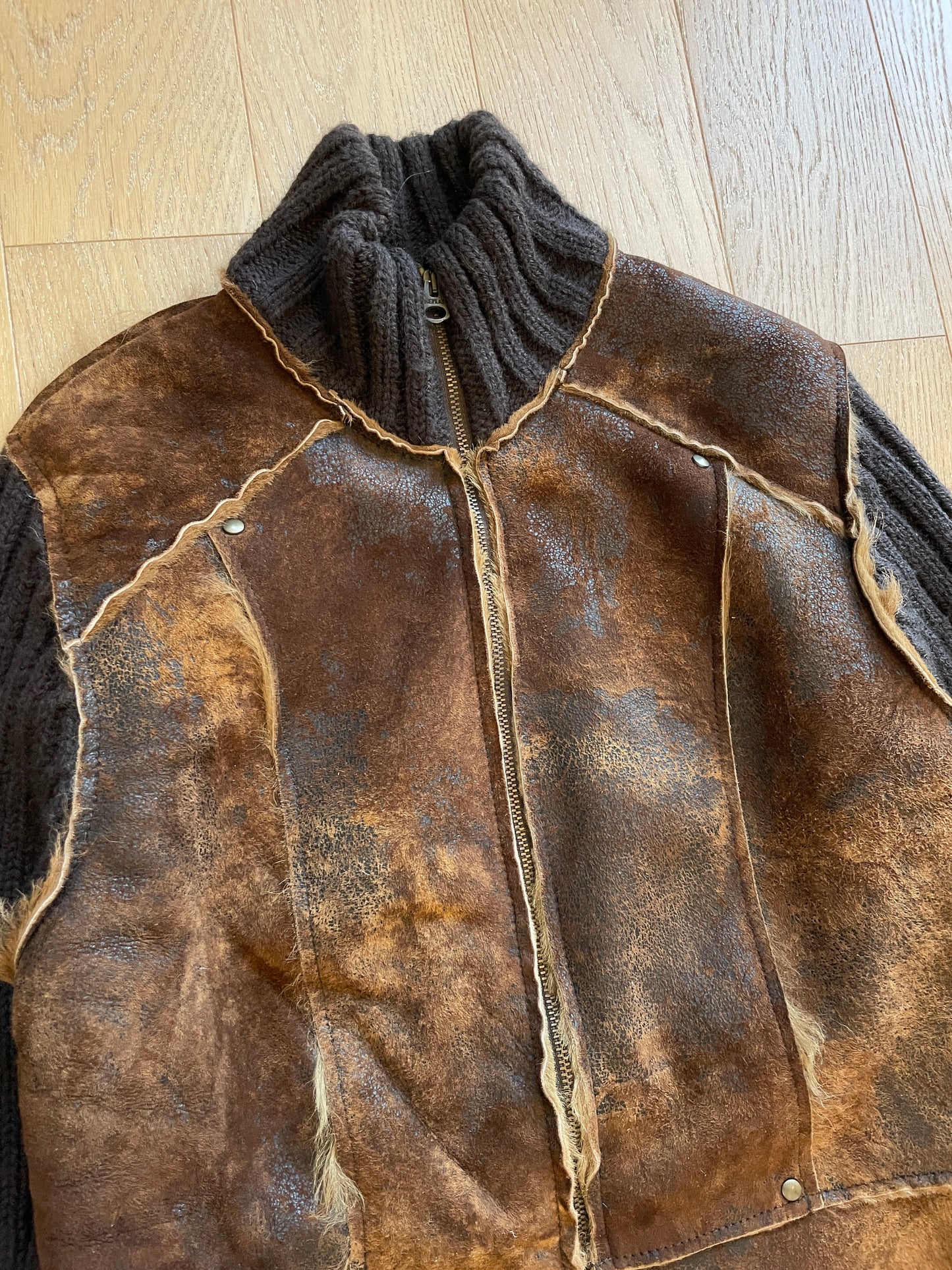 Vintage Leather Knit Patchwork Jacket