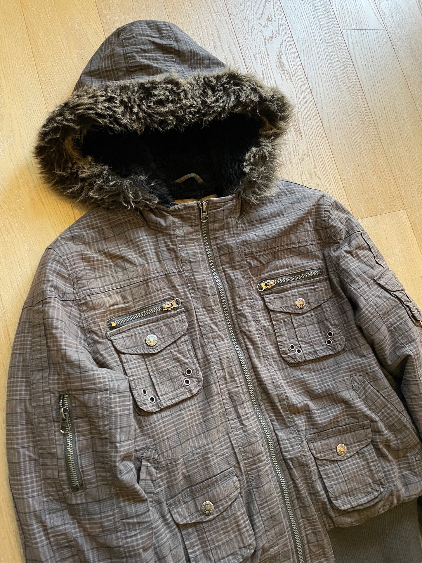 Vintage Military Plaid Fur Jacket